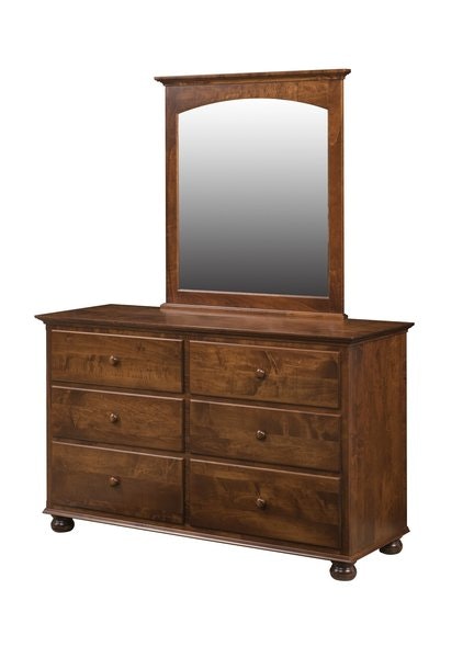 Amish Luellen 6-drawer dresser with matching mirror and solid wood construction, shown in a warm brown finish.