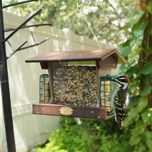 Amish Poly Deluxe Hanging or Post Mount Hopper Bird Feeder with Dual Suet Cages