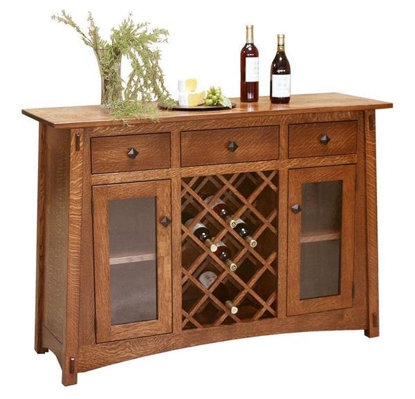 Amish Mill Creek Mission Bar and Wine Cabinet with Two Glass Doors and Three Drawers