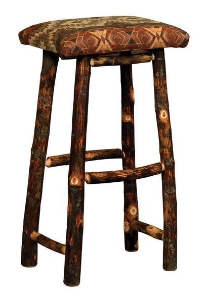 Amish Upholstered Rustic Hickory Twig Backless Counter and Bar Stool