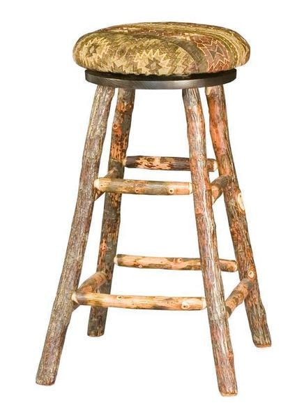 Amish Upholstered Rustic Hickory Backless Counter and Bar Stool with Swivel