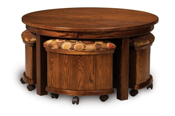 Amish Round Lift Top Nesting Coffee Table Set with Storage Shown in Brown Maple with Asbury Brown Stain