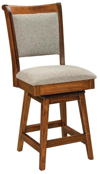 This traditional style Amish Lockhart Upholstered Swivel Bar Stool is handcrafted from brown maple and finished with a vintage antique stain.