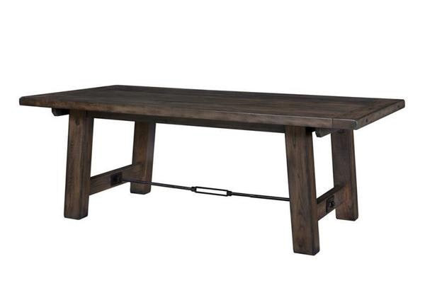 Amish Hankinson Solid Wood Trestle Dining Table shown in Rustic Red Oak with Antiquated Antique Slate Stain and Rough Sawn Top<