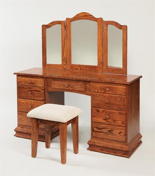 Amish Birchwood Deluxe Clockbase Dressing Table shown in Oak with Michaels Cherry Stain.
