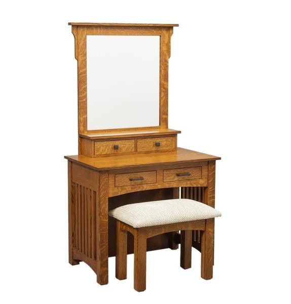 Amish 36 Lynchburg Mission Dressing Table shown in Quarter Sawn White Oak with Michaels Cherry Stain.