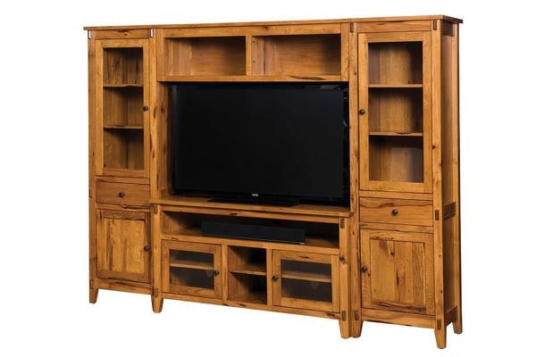 The Mission Style Juliette Wall Unit Entertainment Center Handcrafted From Rustic Hickory Wood with Natural Finish