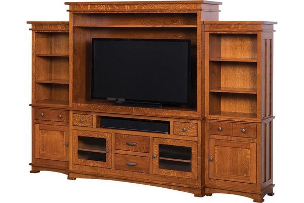 The Transitional Style Woodbury Entertainment Center Wall Unit Handcrafted From QSWO Wood with Michaels Cherry Finish