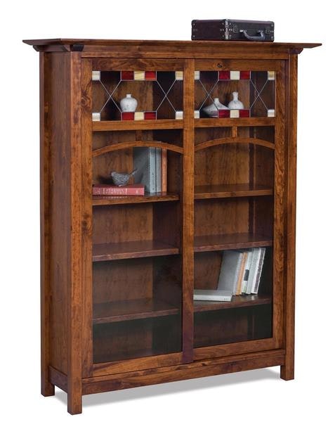 Amish Vivid 54 Bookcase with Sliding Glass Doors with Antique Glass and 8 Adjustable Shelves with 2 Plate Grooves