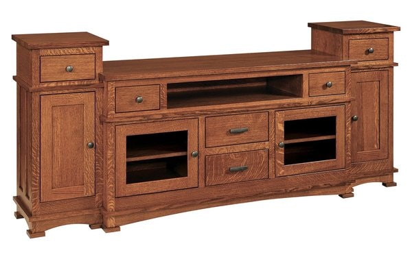 The Contemporary Style Woodbury TV Stand with Towers Handcrafted From QSWO Wood with Michaels Cherry Finish