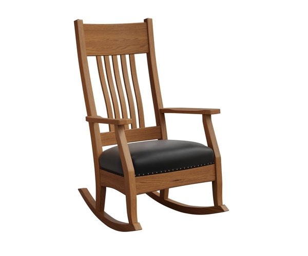 Amish Caratunk Royal Mission Rocker shown in Red Oak with Seely Stain and Black Leather