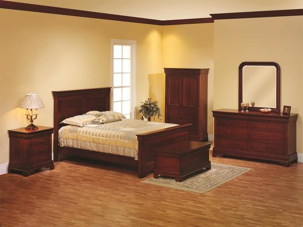 Amish San Marco Six Piece Bedroom Furniture Set includes Panel Bed, 28 Nightstand, Armoire, Dresser, Matching Beveled Mirror for Dresser, and Blanket Chest shown in Cherry with Laura’s Cherry Finish