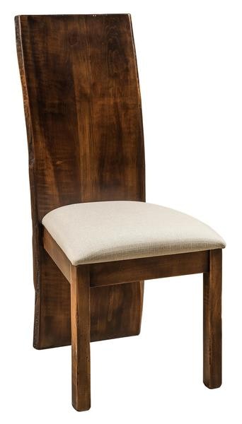 American-made contemporary style Amish Oculus Dining Chair is built from live edge wormy maple and finished in a bel air stain.