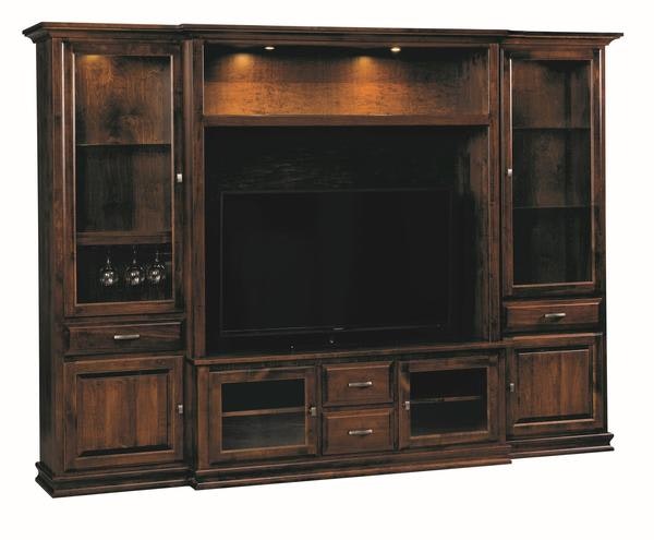 The Contemporary Style Flovilla Entertainment Center with Wine Storage Handcrafted From Brown Maple Wood with Burnt Umber Finish