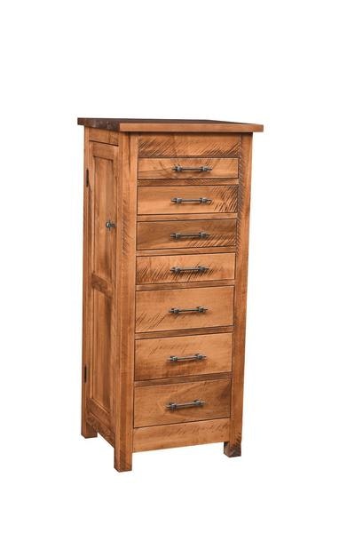 Amish Rufio 48 Rough Sawn Jewelry Armoire shown in Brown Maple Wood with Sealy Vandyke Brown Glaze.