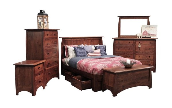 Amish Juliet Six Piece Storage Bed Set includes Storage Bed, One 3-Drawer Nightstand, 1 Chest of Four Drawers, 1 Dresser with 8 Drawers, Matching Beveled Mirror for Dresser, and One Blanket Chest