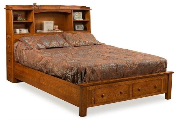 Amish Bookcase Platform Bed with Storage Footboard