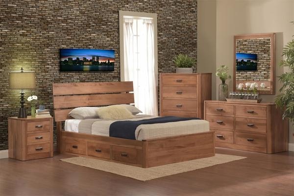 Amish Mars Storage Five Piece Bedroom Set includes Platform Storage Bed, Three Drawer Nightstand, One Dresser, Matching Beveled Mirror for Dresser, One Chest of Drawers shown in Brown Maple with S-14 Stain