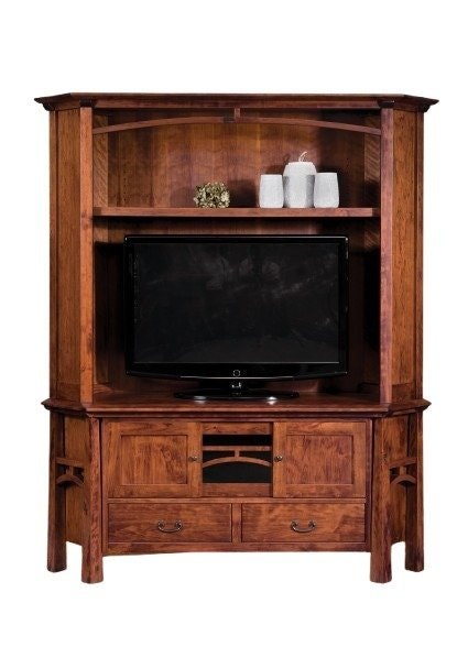 Amish Vivid Mission 2-Piece Corner Entertainment Center with Hutch shown in Rustic Cherry with Michaels Cherry Stain