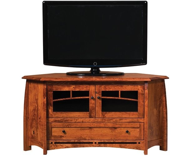 Amish Solid Wood Grove Mission Corner TV Stand shown in Rustic Cherry with Michaels Cherry Stain