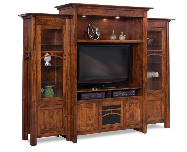 Amish Vivid Mission 3-Piece Entertainment Center Wall Unit with Bookcases shown in Rustic Cherry with Michaels Cherry.