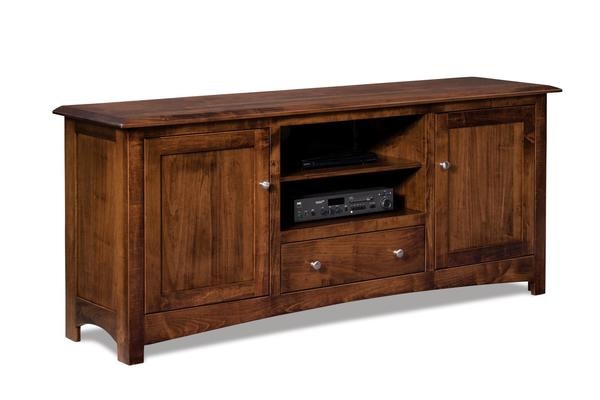 Amish 72 Bloom TV Stand with 2 Doors, 1 Drawer, and Open Storage shown in Sap Cherry with Asbury Brown.