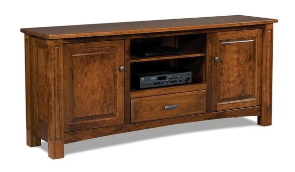 Amish 72 1/4 Wide Traditional TV Stand with Two Doors and One Drawer shown in Sap Cherry with Vintage Antique.