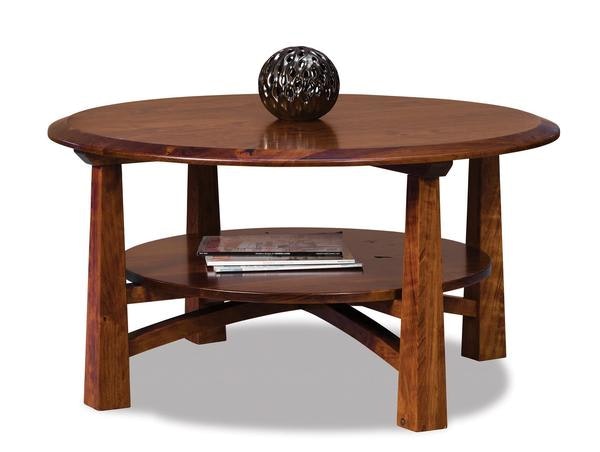 Amish Vivid 38 Round Coffee Table shown in Rustic Cherry with Michaels Cherry Stain.