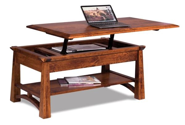 Amish 42 Wide Vivid Lift Top Coffee Table shown in Rustic Cherry with Michaels Cherry