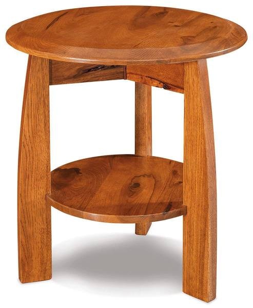 Amish Wood Grove Mission 22 Round End Table shown in Rustic Hickory Wood with Golden Harvest finish
