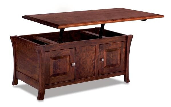 Amish 45 Wide Genesis Coffee Table Cabinet with Lift Top shown in Sap Cherry with Asbury Brown