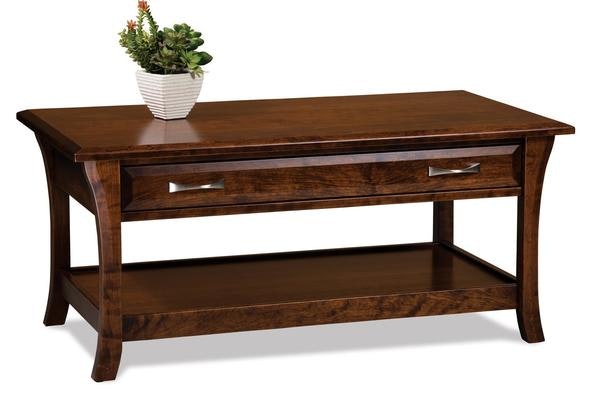 Amish 45 Wide Genesis Coffee Table with Drawer, Bottom Shelf, and Bowed Curved Legs