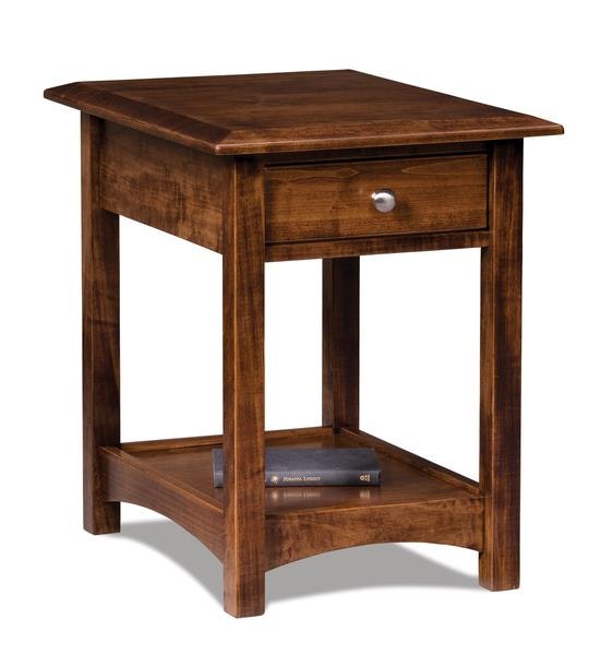 Amish 24 Tall Bloom End Table with Drawer with Bottom Curved Shelf shown in Brown Maple with Earthtone.