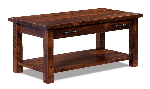 Amish Dutton Open 44 Coffee Table with 2 Drawers and Bottom Shelf in Rough Sawn Rustic Brown Maple Wood
