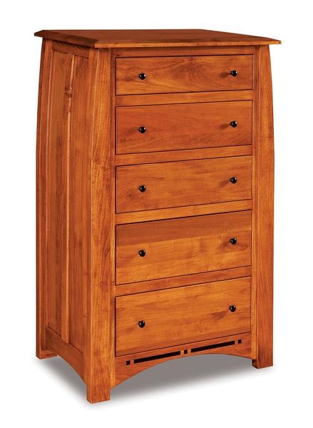 Amish 54 3/4 Tall Colorado Springs Mission Five Drawer Chest of Drawers with Ebony Inlay Strip Below Drawers and Solid Wood Bowed Side Panels
