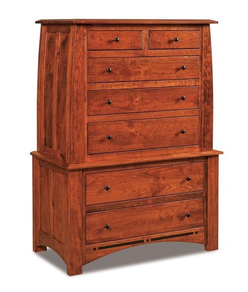 Amish 39 Wide Colorado Springs Mission Seven Drawer Chest on Chest with Ebony Inlay Strips Below Drawers and Solid Wood Bowed Side Panels