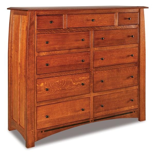 Amish 60 Wide Colorado Springs Mission 11-Drawer Double Chest of Drawers with Ebony Strip Below Drawers abd Solid Wood Bowed Side Panels