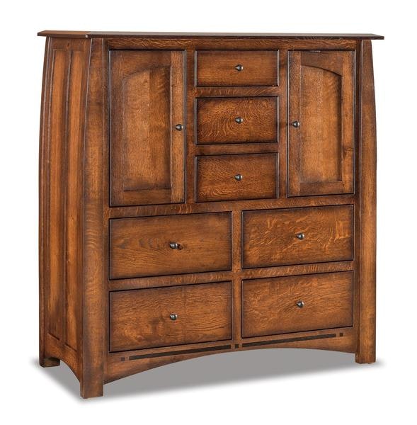 Amish 54 3/4 Tall Colorado Springs Mission His and Hers Chest of Drawers with 7 Drawers, 2 Doors, 4 Shelves, and shown in Rustic Quarter Sawn White Oak with Asbury Stain Burnished