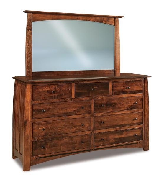 Amish 73 Wide Colorado Springs Mission 9-Drawer Dresser with Solid Wood Bowed Side Panels and Ebony Inlay Strip Below Drawers
