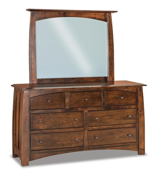 Amish Condo 60 Wide Size Seven Drawer Dresser with 1 Inch Solid Wood top, Solid Wood Bowed Side Panels, and Optional Mirror