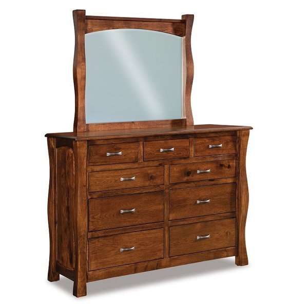 Amish 61 Wide Samuel Nine Drawer Dresser with Arched Raised Panel Sides and Optional Mirror