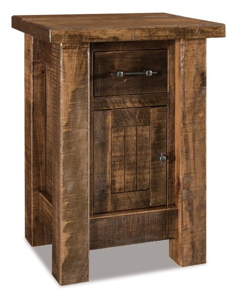 Amish Custom Rustic Rough Sawn Brown Maple Wood Dutton Nightstand Cabinet shown in Almond, Earthtone, and Vintage Antique Finish
