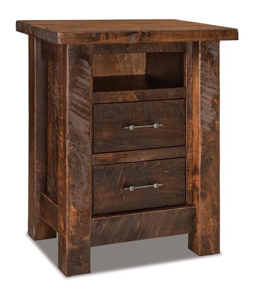 Amish 34 1/2 Tall Rustic Rough Sawn Brown Maple Wood Dutton 2-Drawer Nightstand with Opening shown in Tavern Finish