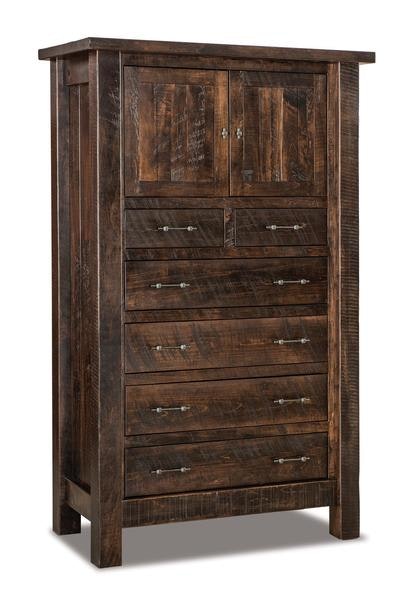 Amish 74 1/2 Tall Rustic Rough Sawn Brown Maple Wood Dutton Chest Armoire with 6 Drawers, 1 Door, and 2 Adjustable Shelves