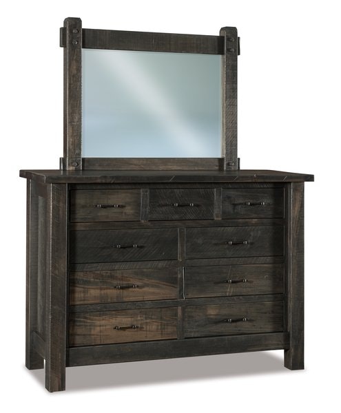 Amish Custom Rustic Wood Dutton 64 Nine Drawer Dresser shown in Rustic Rough Sawn Brown Maple Wood with Tavern and Antique Slate Stain