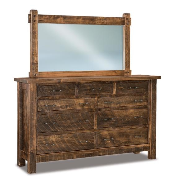 Amish Rustic Wood Dutton 77 Nine Drawer Dresser shown in Rustic Rough Sawn Brown Maple Wood with Almond Stain
