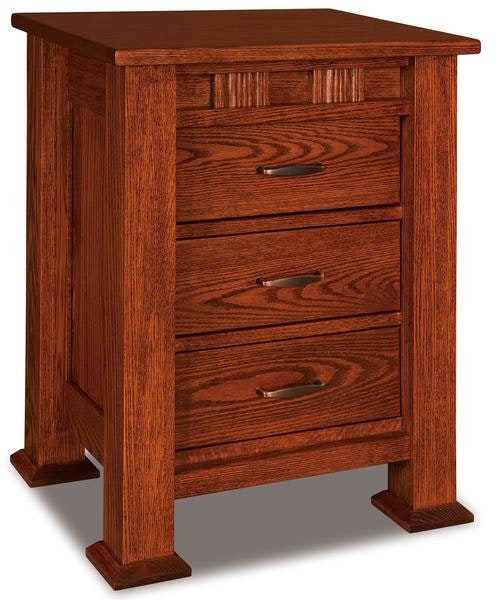 Amish 30 Tall Aaron Mission Three Drawer Nightstand with 3 Inch Solid Wood Posts and Solid Wood Inset Side Panels
