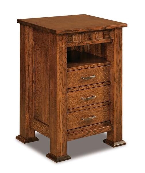 Amish 32 3/4 Tall Aaron Mission Three Drawer Nightstand with Opening with 3 Inch Solid Wood Posts and Solid Wood Inset Side Panels