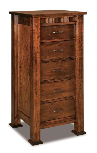 Amish Aaron 50 1/4 Mission Five Drawer Lingerie Chest with 3 Inch Solid Wood Posts and Solid Wood Inset Side Panels
