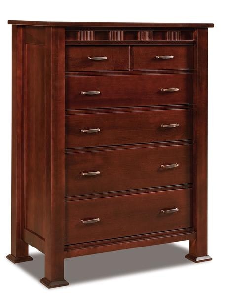 Amish 54 1/4 Tall Aaron Mission Six Drawer Chest of Drawers with 3 Solid Wood Posts and Solid Wood Inset Side Panels
